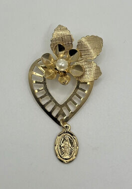 Vintage Gold Tone Open Heart Flower Faux Pearl Brooch w/ Virgin Mary Charm